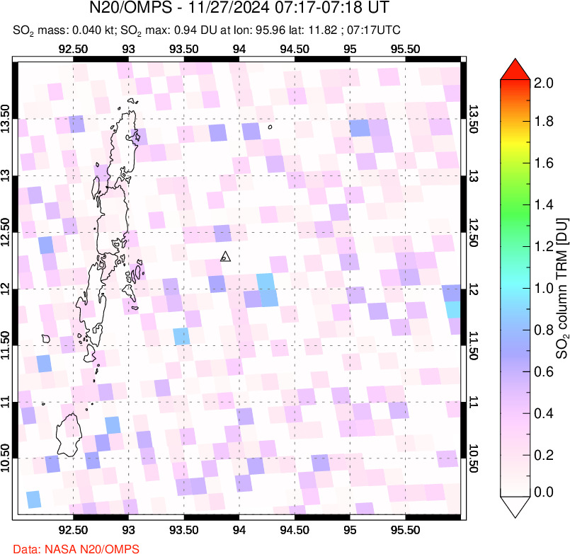 A sulfur dioxide image over Andaman Islands, Indian Ocean on Nov 27, 2024.