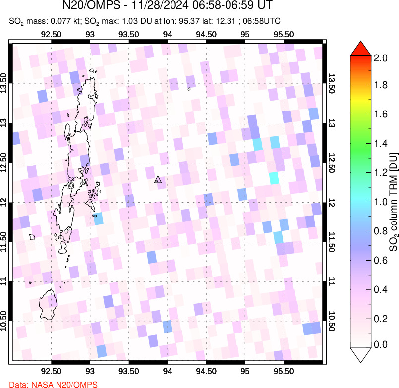 A sulfur dioxide image over Andaman Islands, Indian Ocean on Nov 28, 2024.