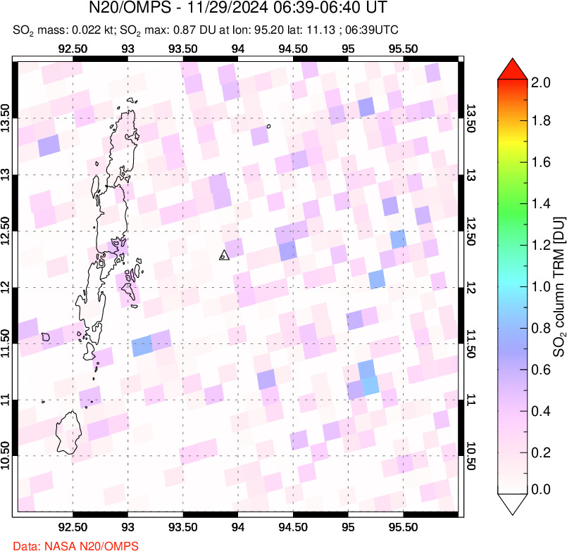 A sulfur dioxide image over Andaman Islands, Indian Ocean on Nov 29, 2024.