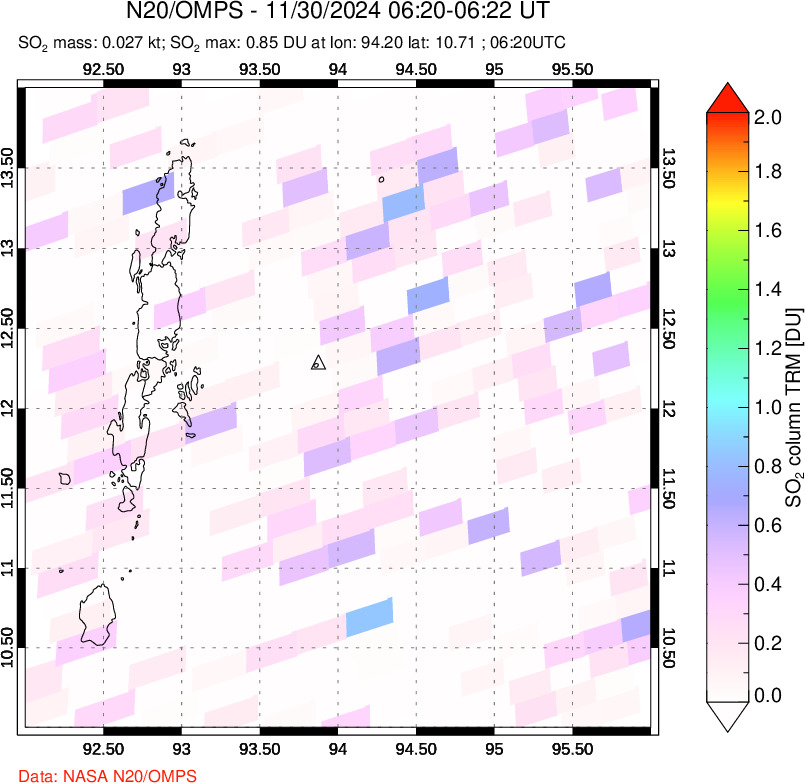 A sulfur dioxide image over Andaman Islands, Indian Ocean on Nov 30, 2024.