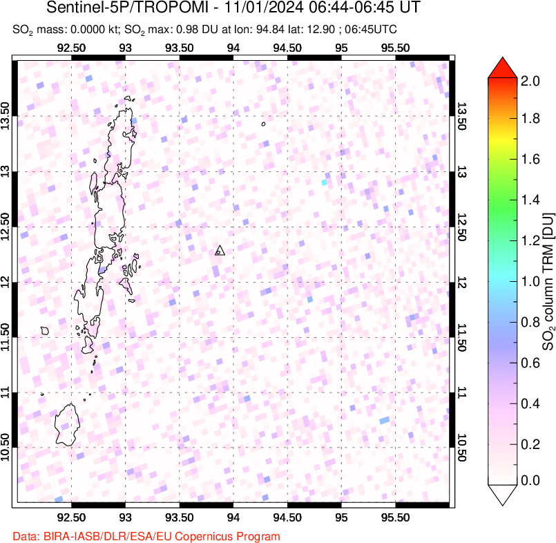 A sulfur dioxide image over Andaman Islands, Indian Ocean on Nov 01, 2024.