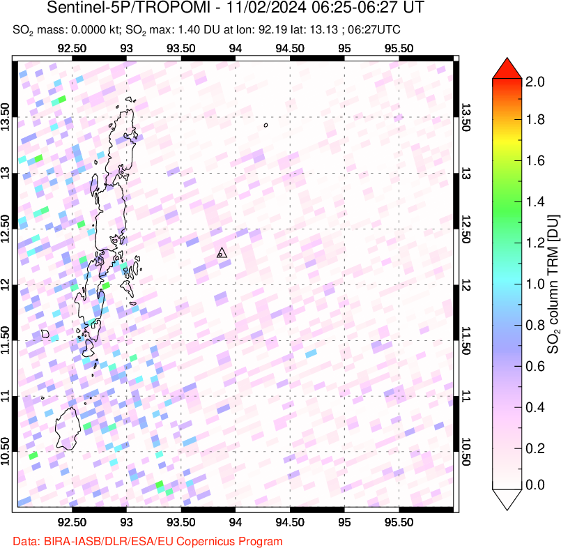 A sulfur dioxide image over Andaman Islands, Indian Ocean on Nov 02, 2024.