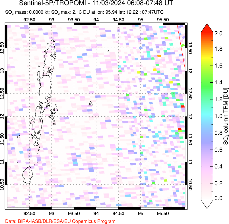 A sulfur dioxide image over Andaman Islands, Indian Ocean on Nov 03, 2024.