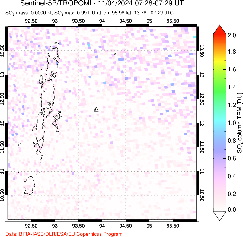 A sulfur dioxide image over Andaman Islands, Indian Ocean on Nov 04, 2024.