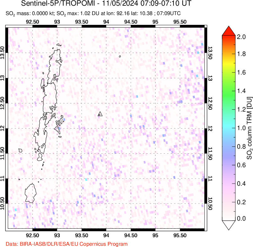 A sulfur dioxide image over Andaman Islands, Indian Ocean on Nov 05, 2024.