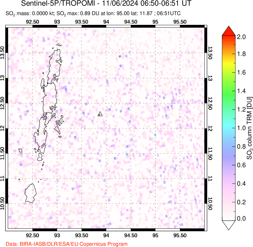 A sulfur dioxide image over Andaman Islands, Indian Ocean on Nov 06, 2024.