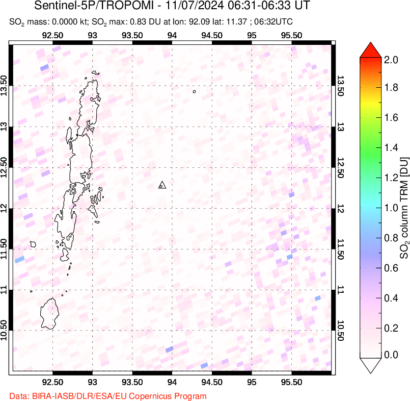 A sulfur dioxide image over Andaman Islands, Indian Ocean on Nov 07, 2024.