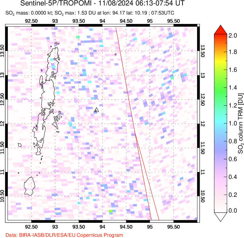 A sulfur dioxide image over Andaman Islands, Indian Ocean on Nov 08, 2024.