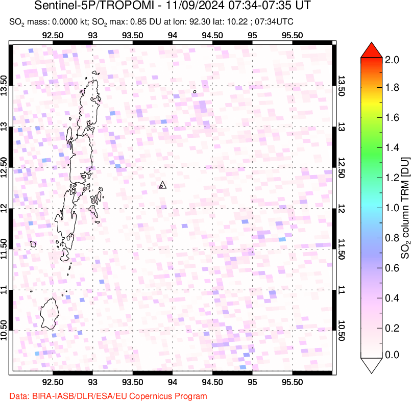 A sulfur dioxide image over Andaman Islands, Indian Ocean on Nov 09, 2024.