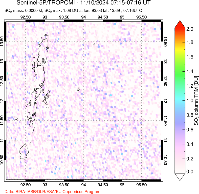 A sulfur dioxide image over Andaman Islands, Indian Ocean on Nov 10, 2024.