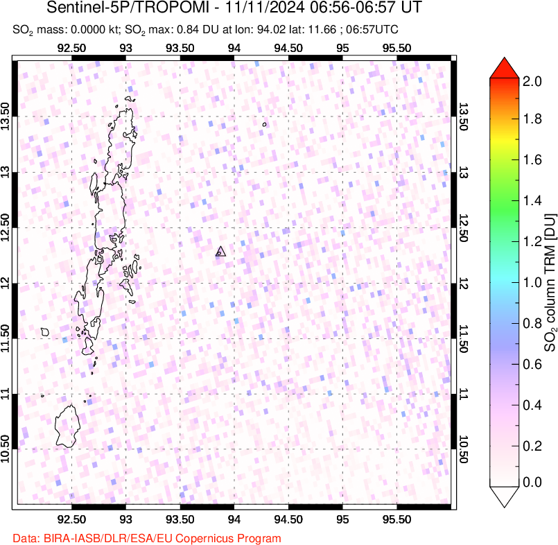 A sulfur dioxide image over Andaman Islands, Indian Ocean on Nov 11, 2024.