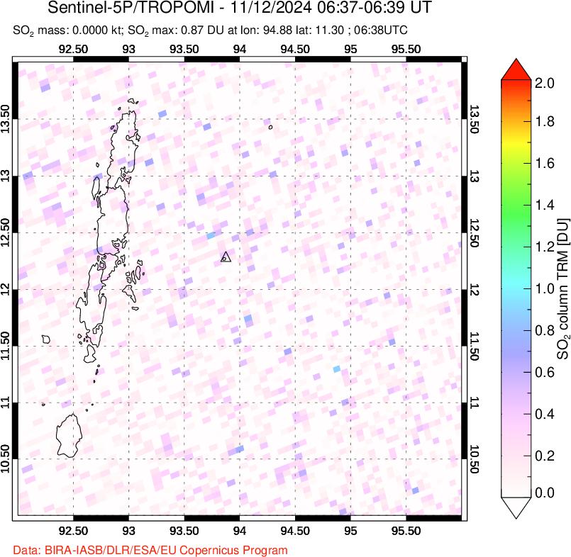 A sulfur dioxide image over Andaman Islands, Indian Ocean on Nov 12, 2024.