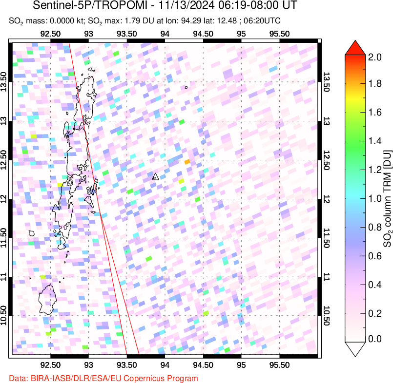 A sulfur dioxide image over Andaman Islands, Indian Ocean on Nov 13, 2024.