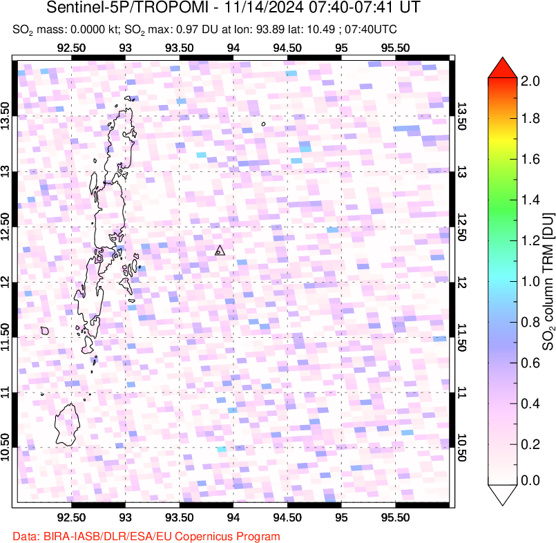 A sulfur dioxide image over Andaman Islands, Indian Ocean on Nov 14, 2024.