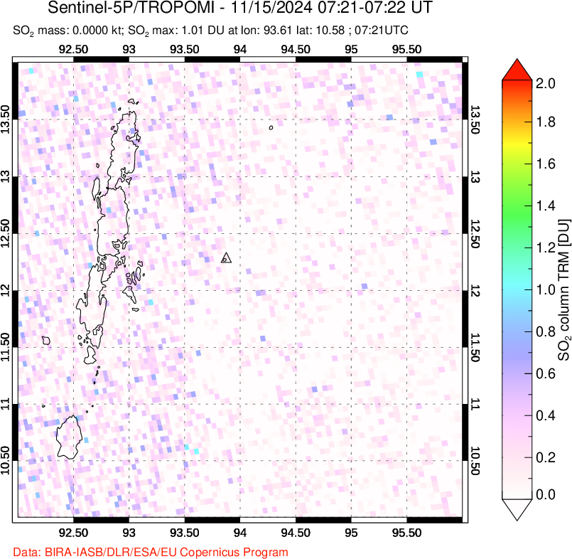 A sulfur dioxide image over Andaman Islands, Indian Ocean on Nov 15, 2024.