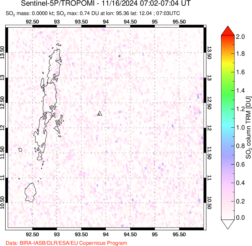 A sulfur dioxide image over Andaman Islands, Indian Ocean on Nov 16, 2024.