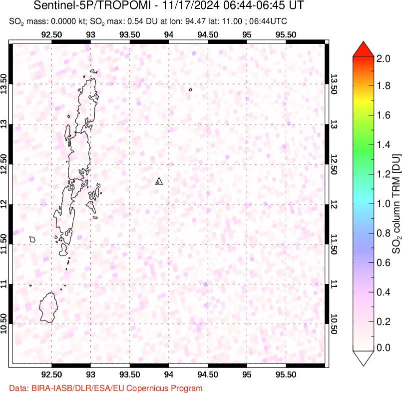 A sulfur dioxide image over Andaman Islands, Indian Ocean on Nov 17, 2024.