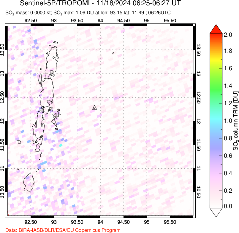 A sulfur dioxide image over Andaman Islands, Indian Ocean on Nov 18, 2024.