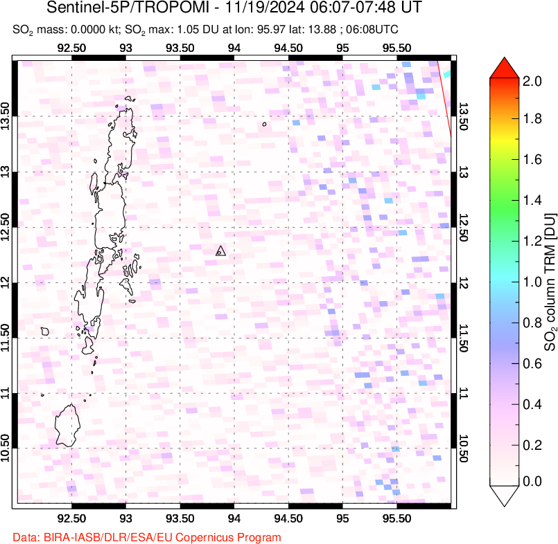 A sulfur dioxide image over Andaman Islands, Indian Ocean on Nov 19, 2024.