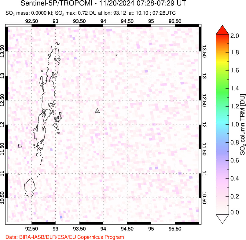 A sulfur dioxide image over Andaman Islands, Indian Ocean on Nov 20, 2024.