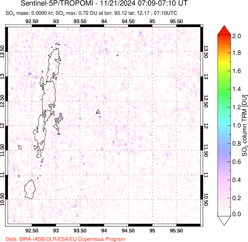 A sulfur dioxide image over Andaman Islands, Indian Ocean on Nov 21, 2024.