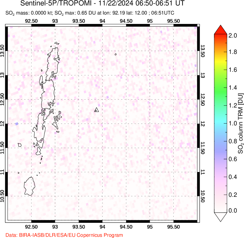 A sulfur dioxide image over Andaman Islands, Indian Ocean on Nov 22, 2024.