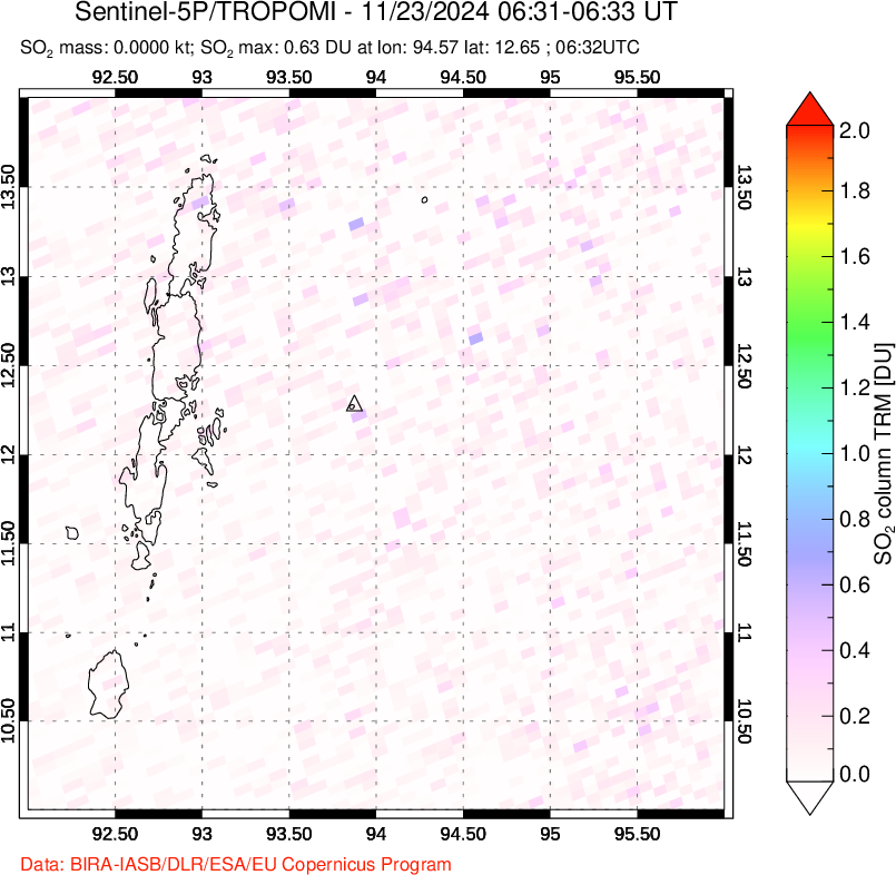 A sulfur dioxide image over Andaman Islands, Indian Ocean on Nov 23, 2024.