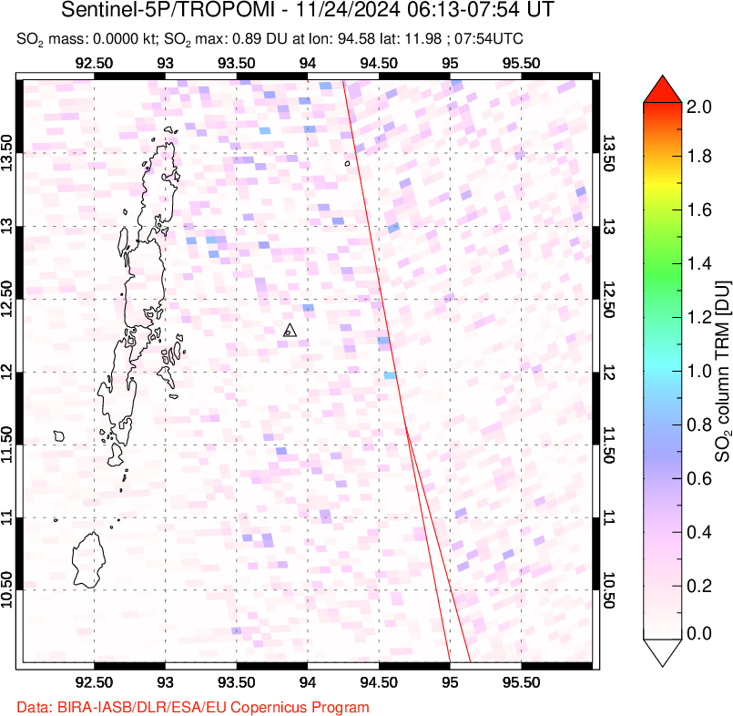 A sulfur dioxide image over Andaman Islands, Indian Ocean on Nov 24, 2024.