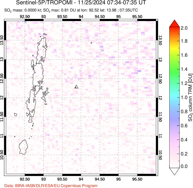 A sulfur dioxide image over Andaman Islands, Indian Ocean on Nov 25, 2024.