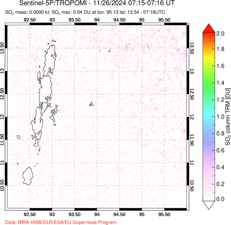 A sulfur dioxide image over Andaman Islands, Indian Ocean on Nov 26, 2024.