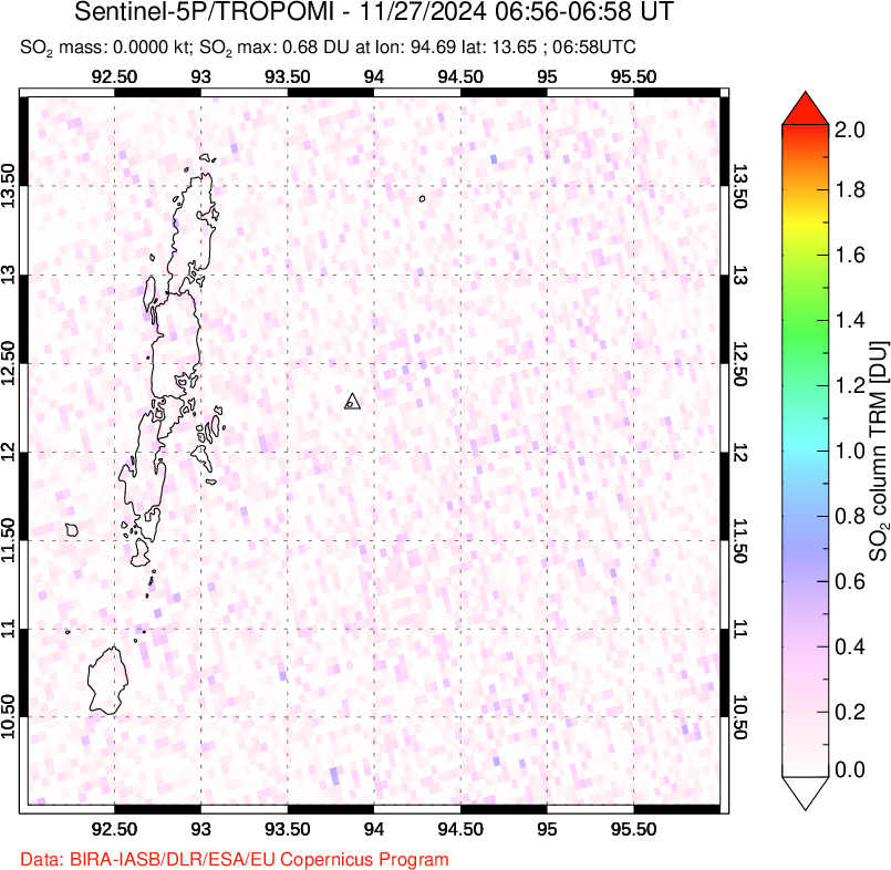 A sulfur dioxide image over Andaman Islands, Indian Ocean on Nov 27, 2024.