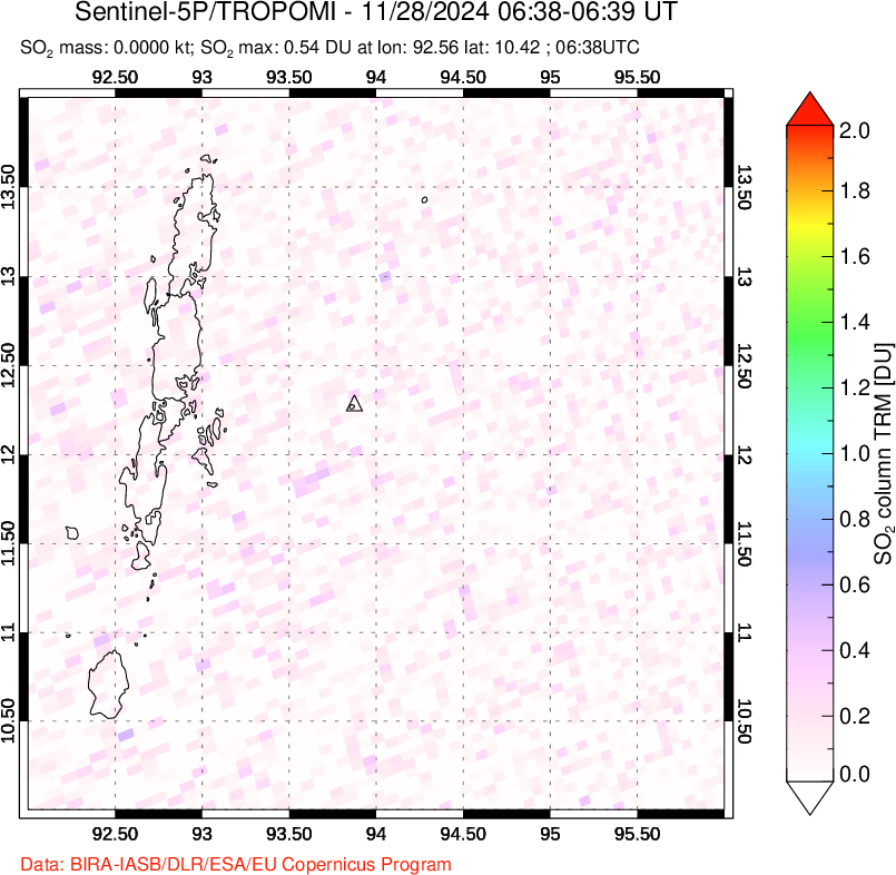 A sulfur dioxide image over Andaman Islands, Indian Ocean on Nov 28, 2024.