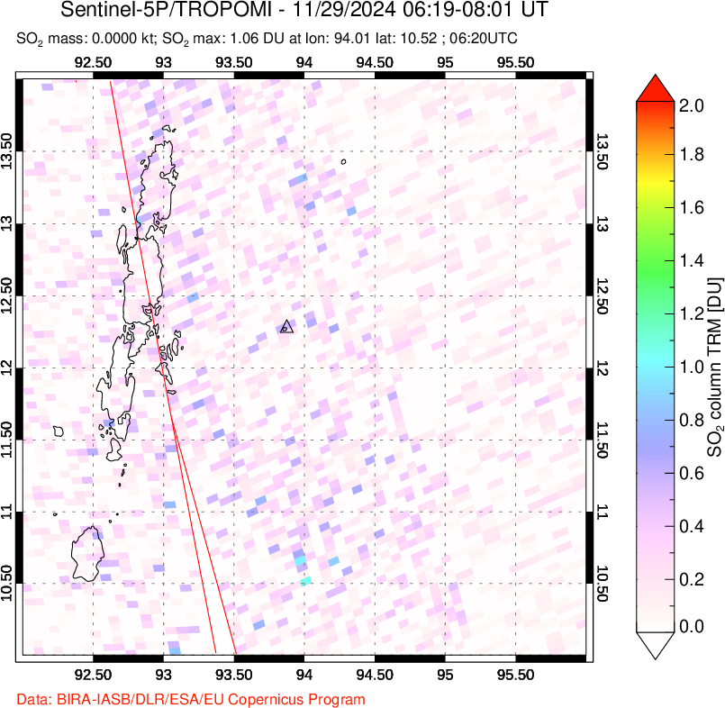 A sulfur dioxide image over Andaman Islands, Indian Ocean on Nov 29, 2024.