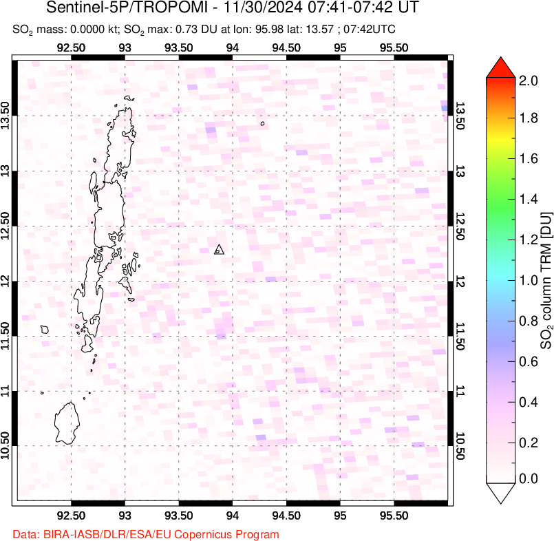 A sulfur dioxide image over Andaman Islands, Indian Ocean on Nov 30, 2024.