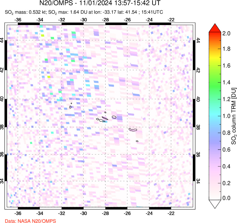 A sulfur dioxide image over Azores Islands, Portugal on Nov 01, 2024.