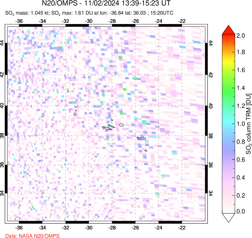 A sulfur dioxide image over Azores Islands, Portugal on Nov 02, 2024.