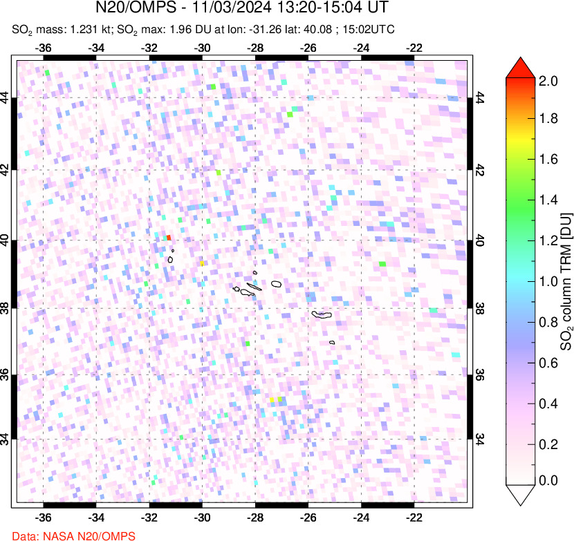 A sulfur dioxide image over Azores Islands, Portugal on Nov 03, 2024.