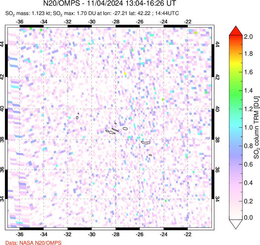 A sulfur dioxide image over Azores Islands, Portugal on Nov 04, 2024.