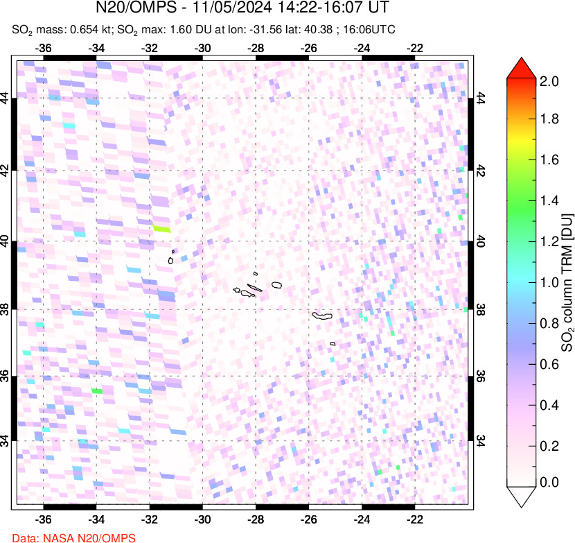 A sulfur dioxide image over Azores Islands, Portugal on Nov 05, 2024.