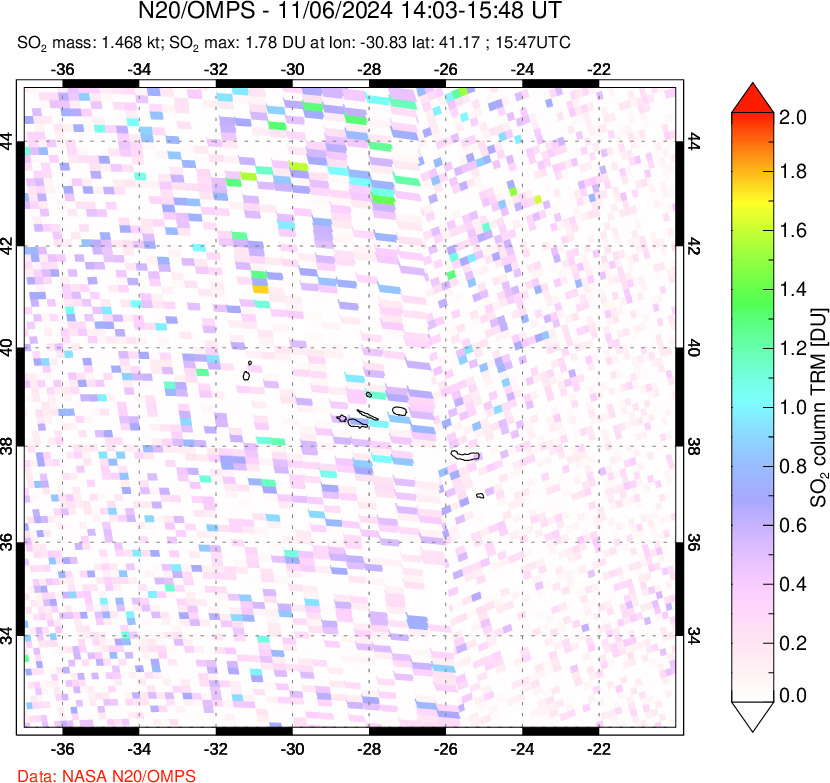 A sulfur dioxide image over Azores Islands, Portugal on Nov 06, 2024.