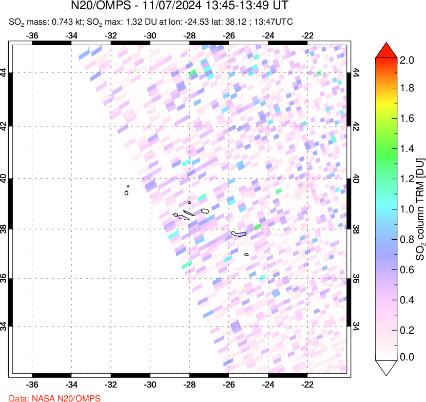 A sulfur dioxide image over Azores Islands, Portugal on Nov 07, 2024.