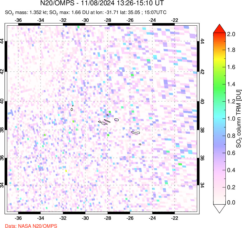 A sulfur dioxide image over Azores Islands, Portugal on Nov 08, 2024.