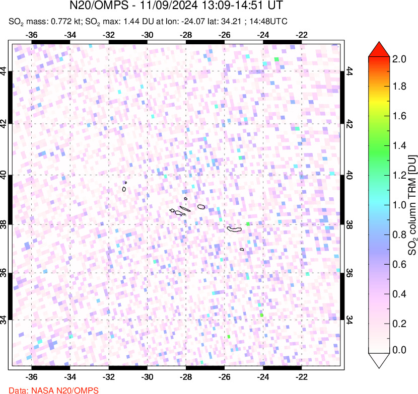 A sulfur dioxide image over Azores Islands, Portugal on Nov 09, 2024.