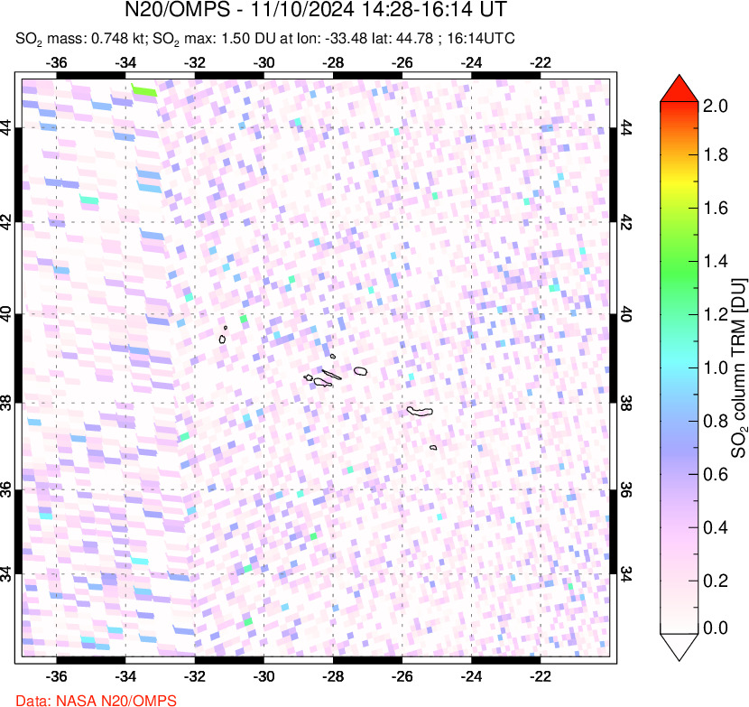 A sulfur dioxide image over Azores Islands, Portugal on Nov 10, 2024.