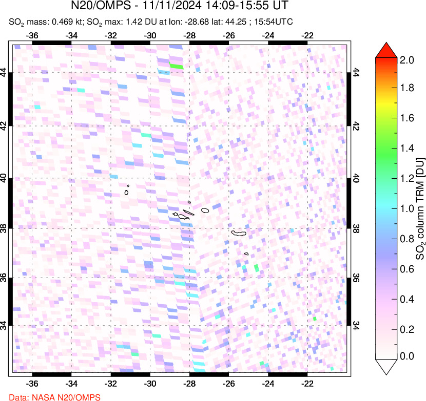 A sulfur dioxide image over Azores Islands, Portugal on Nov 11, 2024.