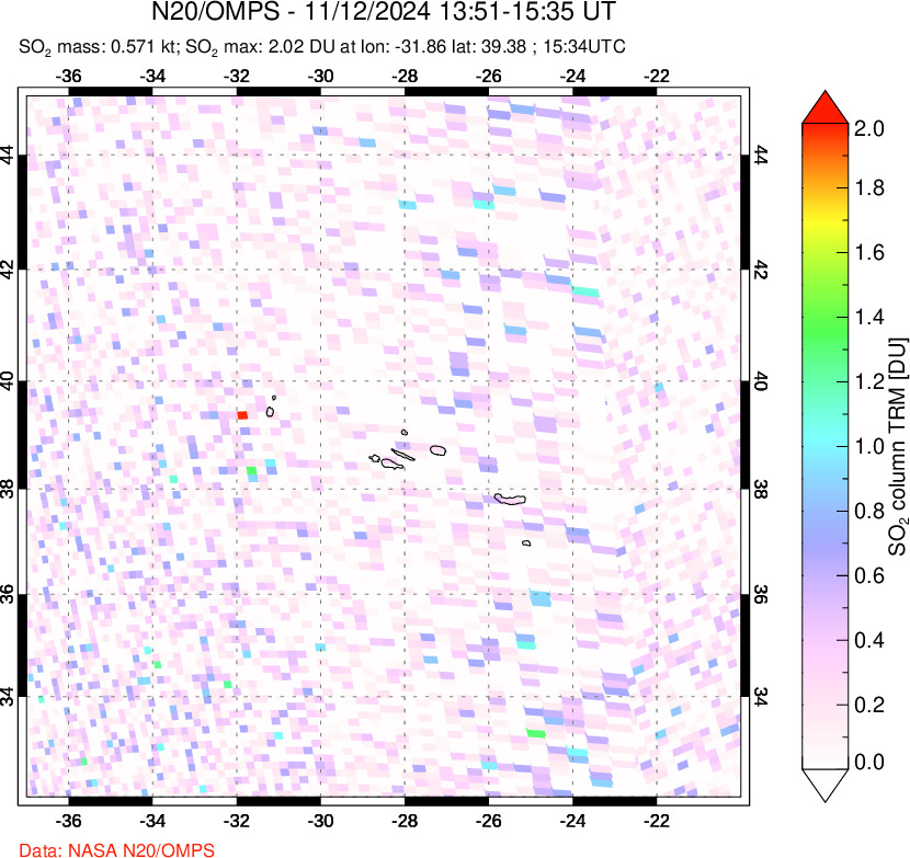 A sulfur dioxide image over Azores Islands, Portugal on Nov 12, 2024.