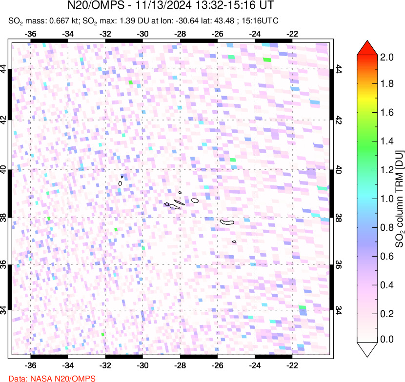 A sulfur dioxide image over Azores Islands, Portugal on Nov 13, 2024.