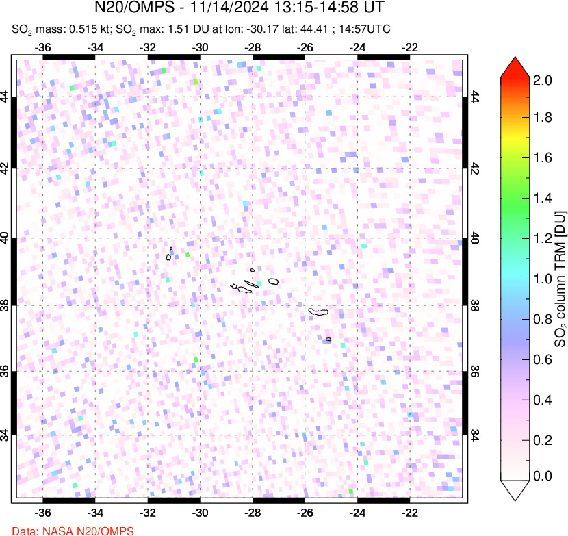 A sulfur dioxide image over Azores Islands, Portugal on Nov 14, 2024.