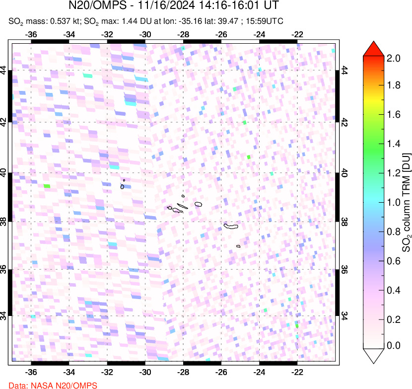 A sulfur dioxide image over Azores Islands, Portugal on Nov 16, 2024.