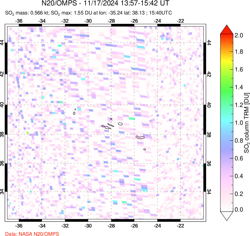 A sulfur dioxide image over Azores Islands, Portugal on Nov 17, 2024.